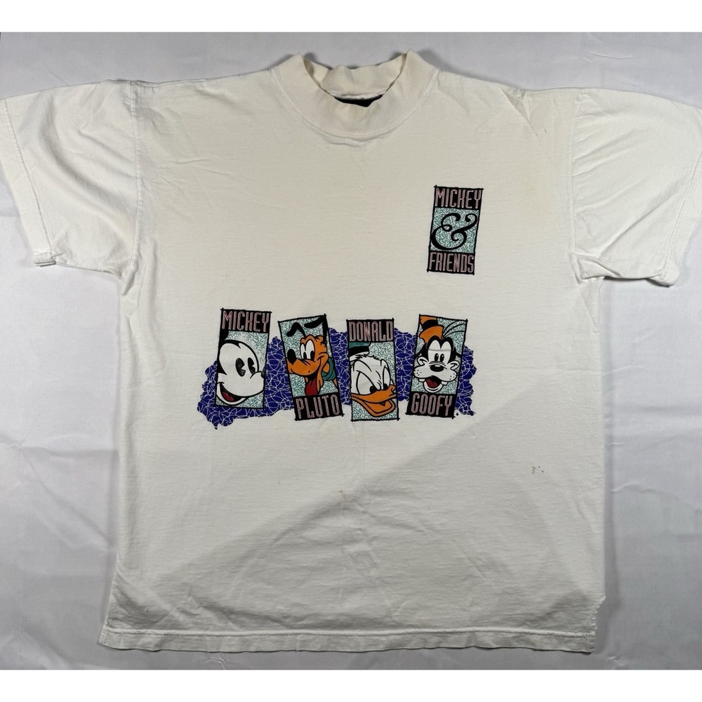 Vintage 90s Disney Originals Mickey & Friends Mock Neck T Shirt White L/XL USA